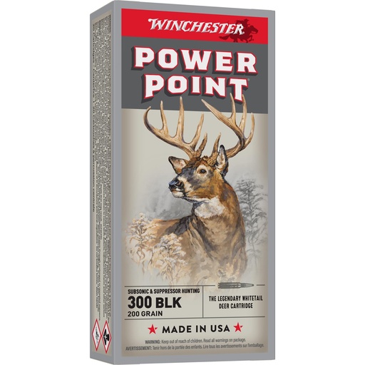 [X300BLKX] Winchester Ammunition POWER-POINT SUBSONIC 300 Blackout 200 Grain Ballistic Tip 20 Round Box 