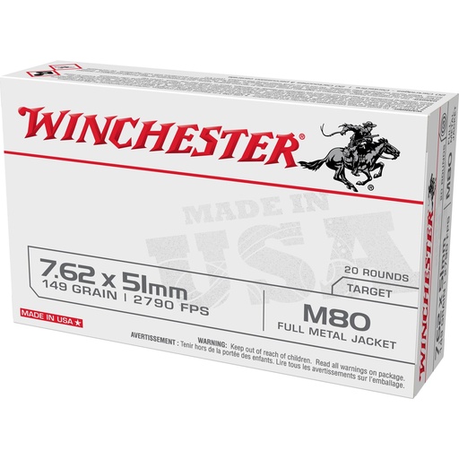 [WM80] Winchester Ammunition M80 762NATO 149Gr Full Metal Jacket 20 Round Box 