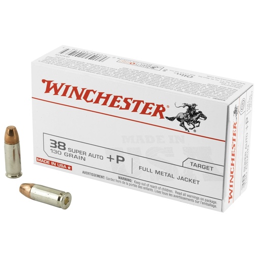 [Q4205] Winchester Ammunition USA 38 Super 130 Grain Full Metal Jacket +P 50 Round Box 
