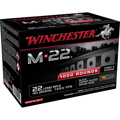 [S22LRT] Winchester Ammunition M22 22LR 40 Grain Copper Plated Round Nose 1000 Rounds Per Pack (2) 500 Round Boxes In 1 Pack 