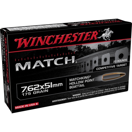 [S76251M] Winchester Ammunition Match 7.62x51 175 Grain Sierra Boat Tail Hollow Point Bullet 20 Round Box 
