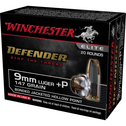 [S9MMPDB2] Winchester Ammunition Defender 9MM +P 147 Grain Bonded Jacketed Hollow Point Bullet 20 Round Box 