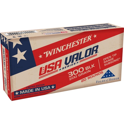 [USAV300BX] Winchester Ammunition USA VALOR 300 Blackout 200 Grain Full Metal Jacket Open Tip Bullet 20 Round Box 