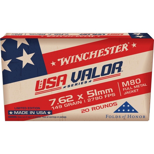 [USAVM80X] Winchester Ammunition USA VALOR 7.62x51 149 Grain Full Metal Jacket Bullet 20 Round Box 