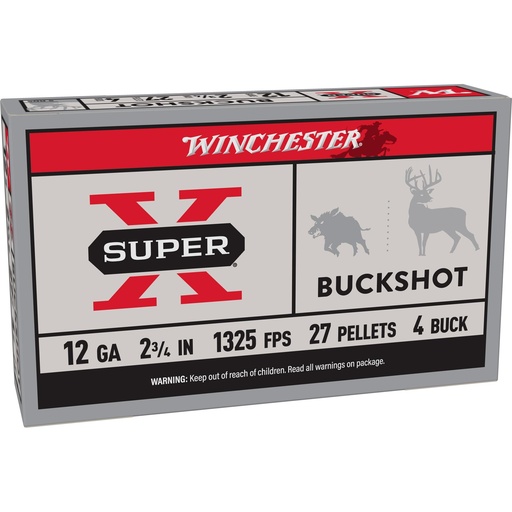 [XB124] Winchester Ammunition Super-X 12 Gauge 2.75" 4 Buck Buckshot 27 Pellets 5 Round Box 