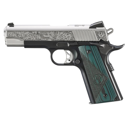 [16704] Ruger SR1911 .45 ACP 4.25" Black Frame Engraved Stainless Slide Green/Black G10 Grips 7 Round