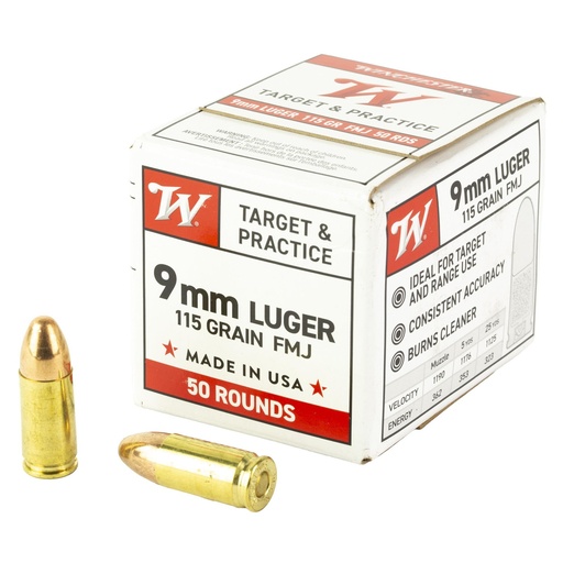 [W9MM50] Winchester Ammunition USA White Box 9MM 115 Grain Full Metal Jacket 50 Rounds